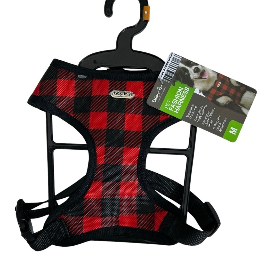 Unique Petz Dog Harness Red Black Tartan Plaid Comfy Adjustable Size Medium